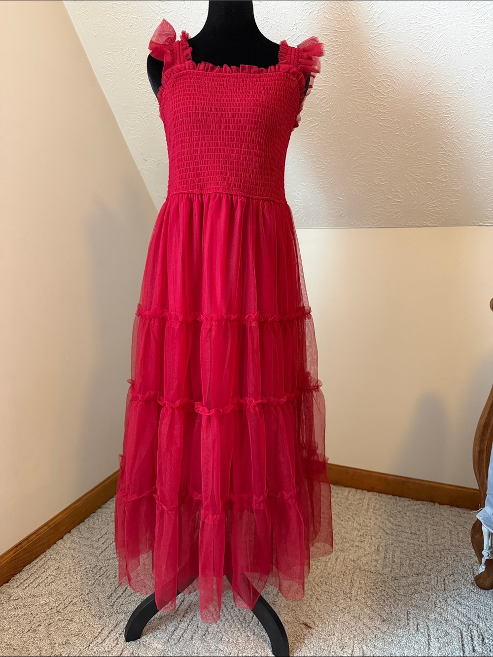 Red Tiered Tulle Maxi Dress with Smocked Bodice